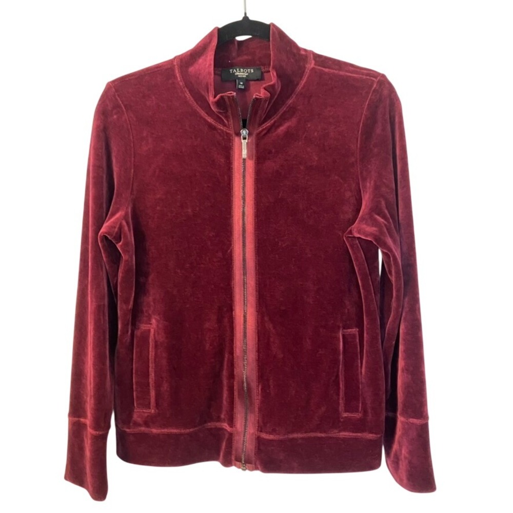 Talbots Burgundy Velour Full Zip Track Jacket Wine Red‎ Medium P Cozy Loungewear